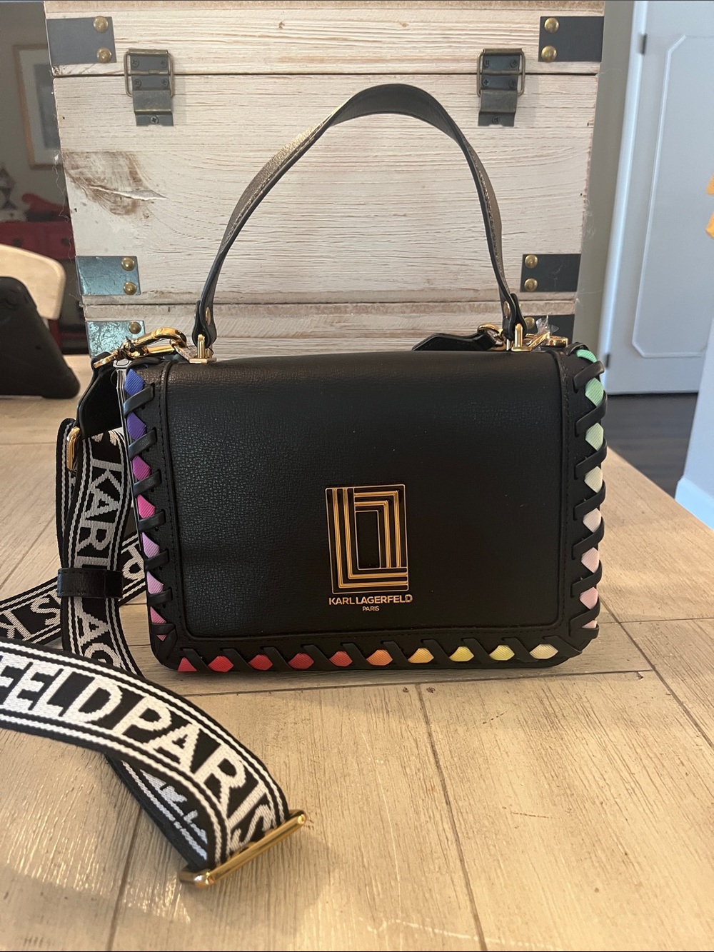 Karl Lagerfeld Black Crossbody/Satchel Bag with Multicolor Trim